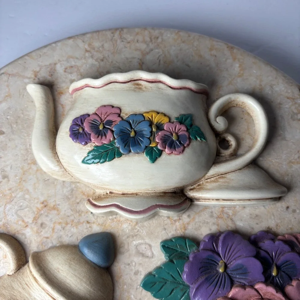 Home Interiors Vintage Teapot Pansy Wall Art Set 3pc Cream Floral 1995 USA